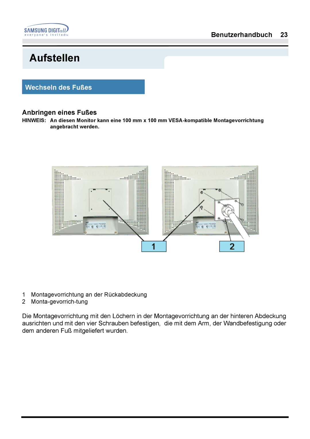 Samsung GH17LSSN, GH17HSSN/EDC, GH17ESSNZ/EDC, GH17LSASJ/EDC, GH17LSAS/EDC, GH17LSSS, GH17LSSB/EDC manual Anbringen eines Fußes 