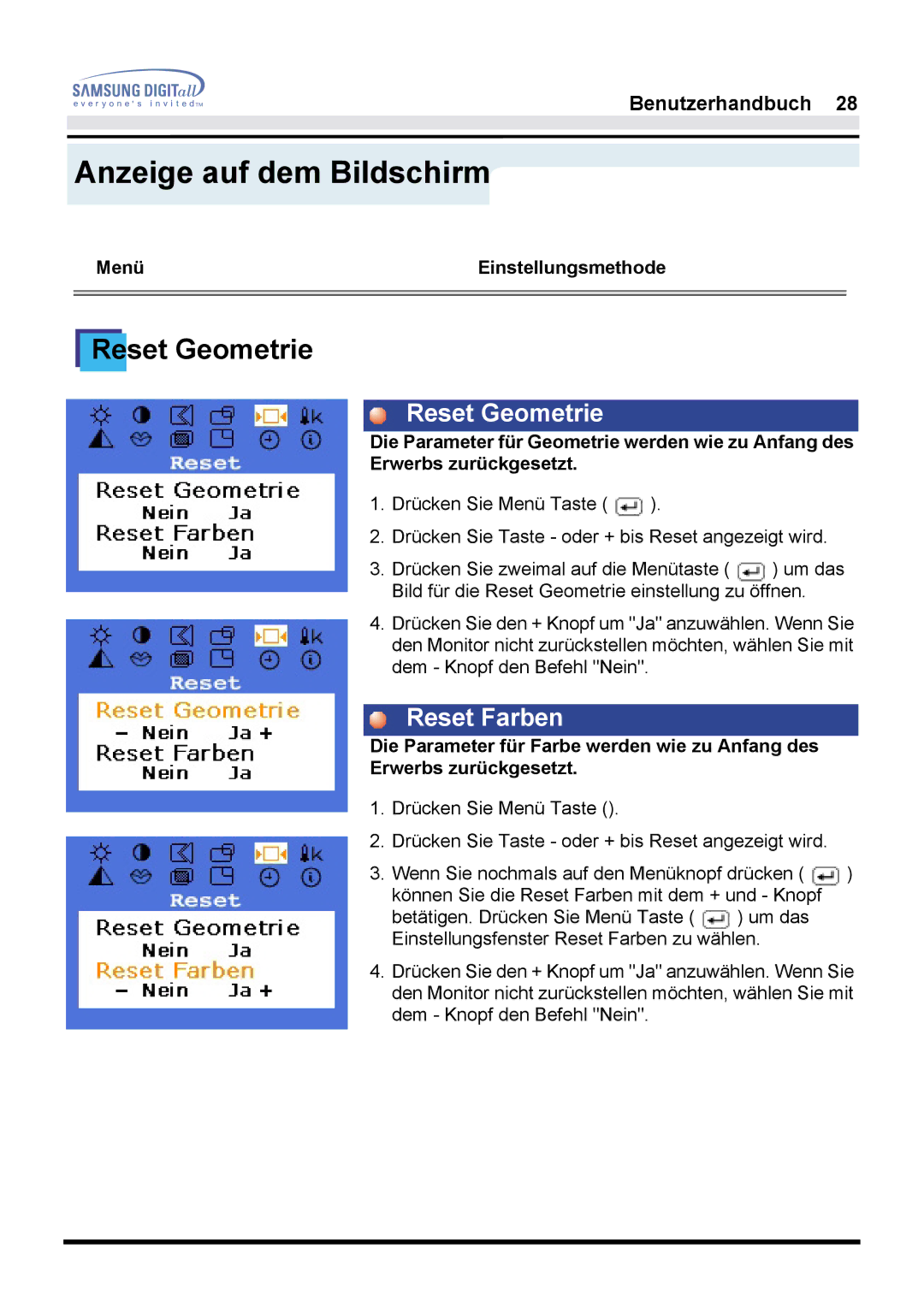 Samsung GH17LSSSJ/EDC, GH17HSSN/EDC, GH17ESSNZ/EDC, GH17LSASJ/EDC, GH17LSAS/EDC, GH17LSSB/EDC Reset Geometrie, Reset Farben 