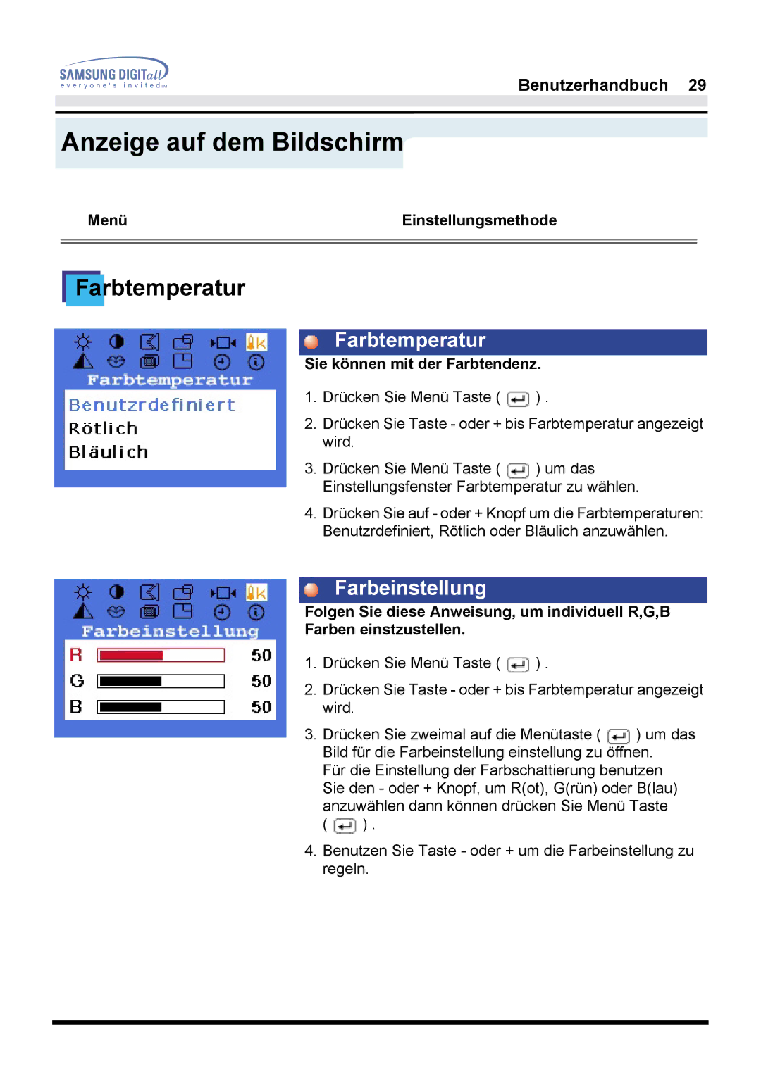 Samsung GH17ESSSZ/EDC, GH17HSSN/EDC, GH17ESSNZ/EDC, GH17LSSS Farbtemperatur, Farbeinstellung, Sie können mit der Farbtendenz 