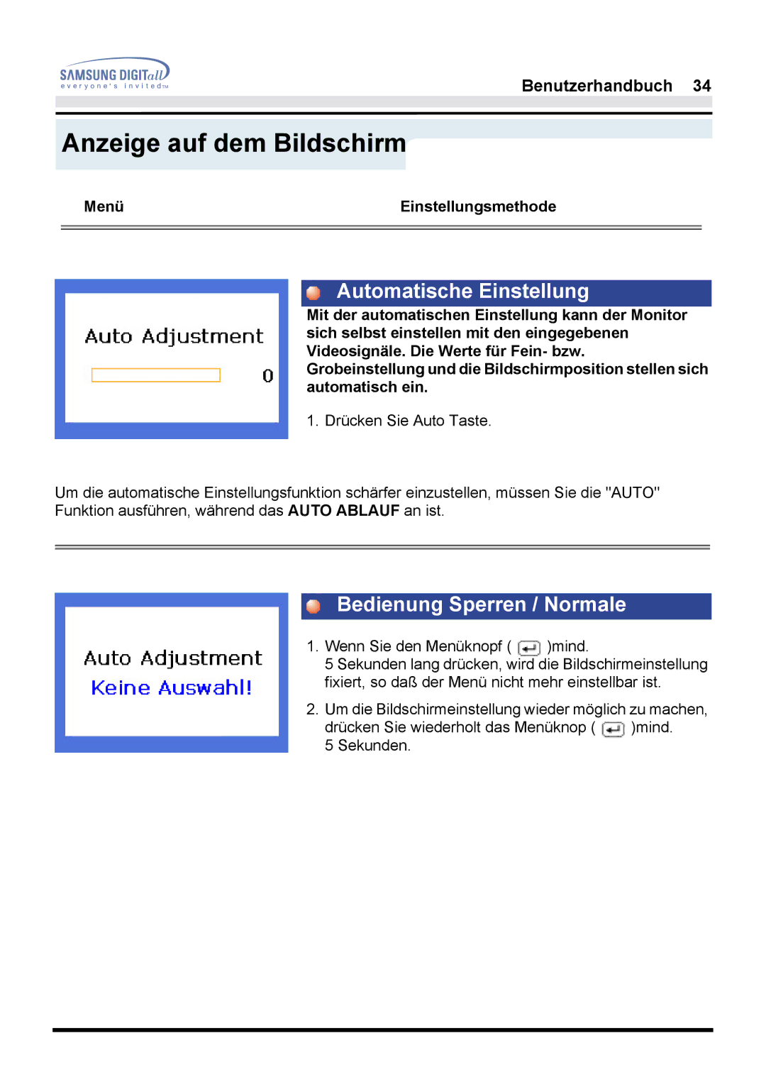 Samsung GH17LSSS, GH17HSSN/EDC, GH17ESSNZ/EDC, GH17LSASJ/EDC, GH17LSSN Automatische Einstellung, Bedienung Sperren / Normale 