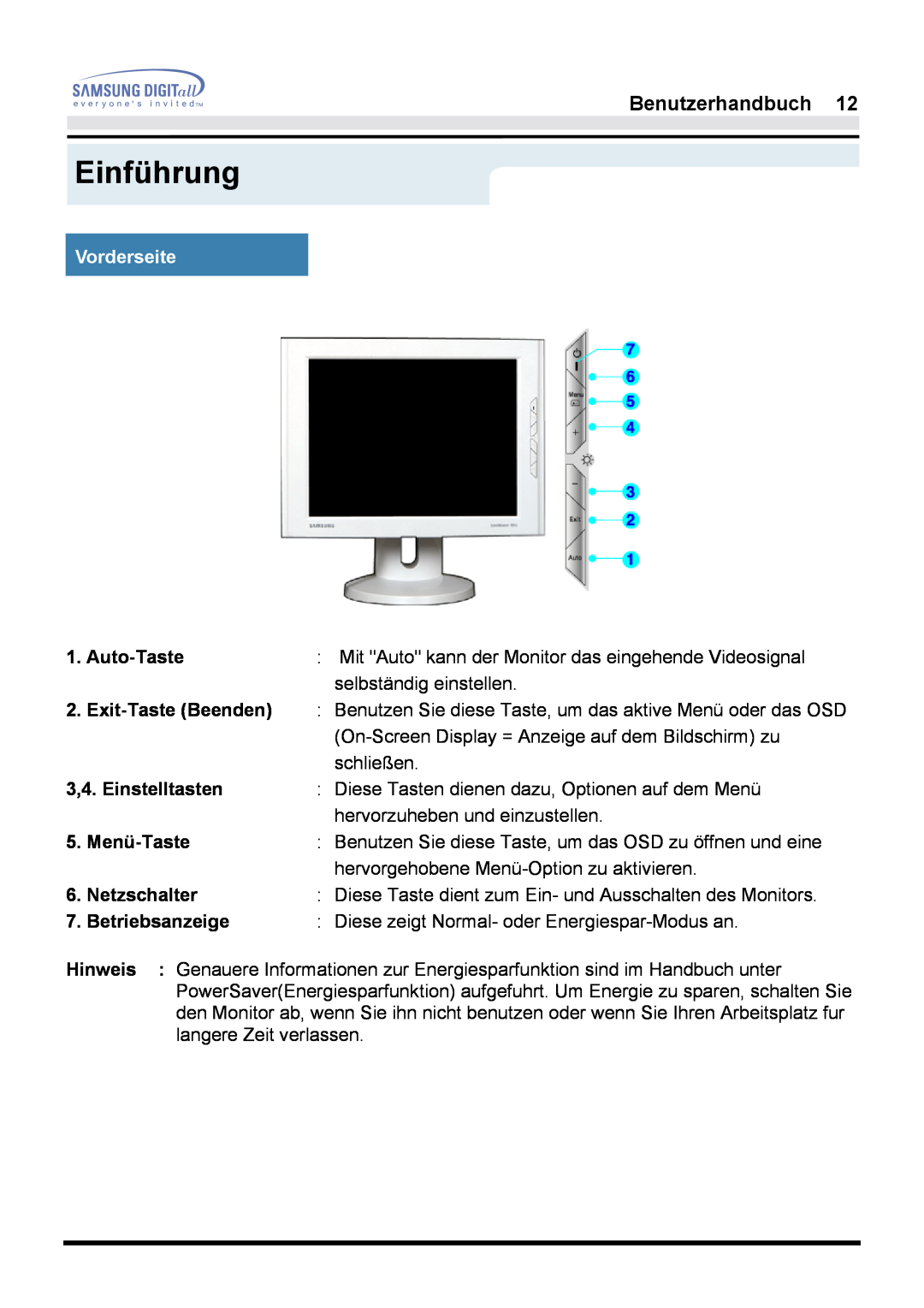 Samsung GH17LSSN/EDC Vorderseite, Einführung, Benutzerhandbuch, Auto-Taste, 3,4. Einstelltasten, Menü-Taste, Netzschalter 