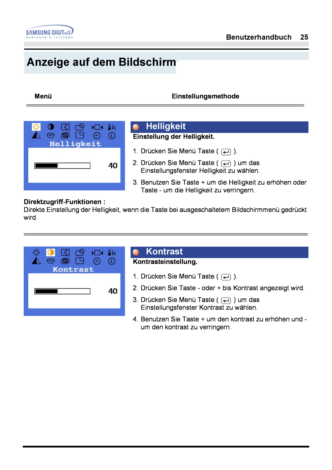 Samsung GH17LSSNJ/EDC manual Helligkeit, Kontrast, Anzeige auf dem Bildschirm, Benutzerhandbuch, Menü, Einstellungsmethode 
