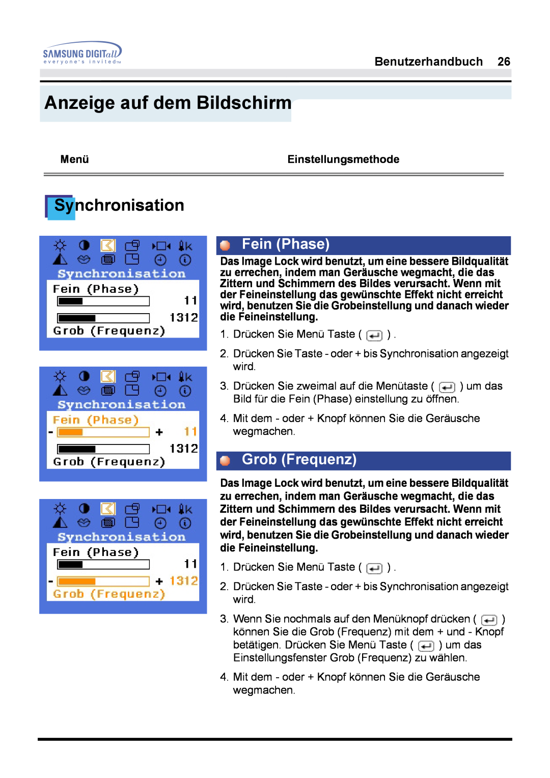 Samsung GH17LSAB/EDC, GH17LSSS Synchronisation, Fein Phase, Grob Frequenz, Anzeige auf dem Bildschirm, Benutzerhandbuch 