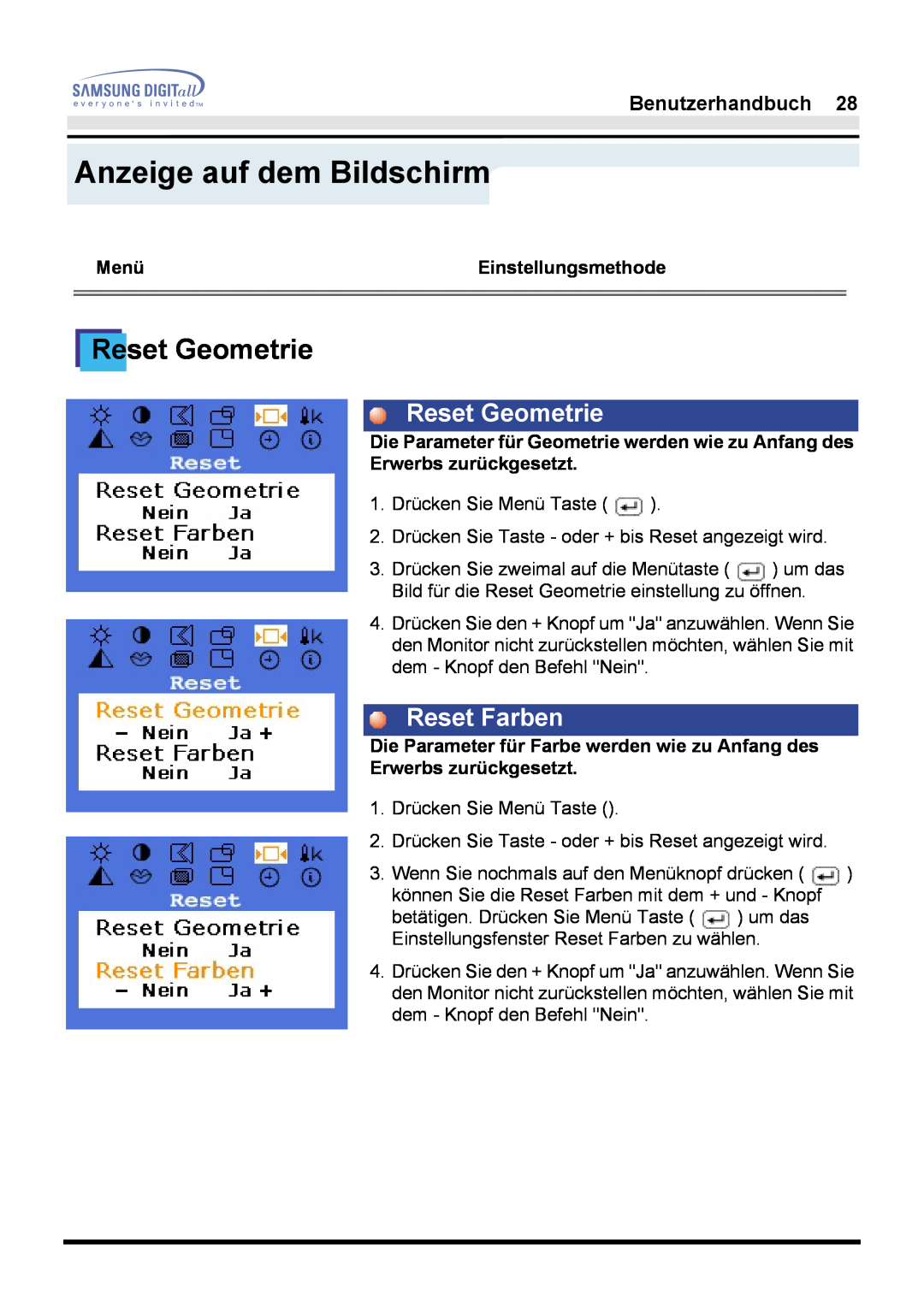 Samsung GH17LSSSJ/EDC, GH17HSSN/EDC, GH17LSSN Reset Geometrie, Reset Farben, Anzeige auf dem Bildschirm, Benutzerhandbuch 