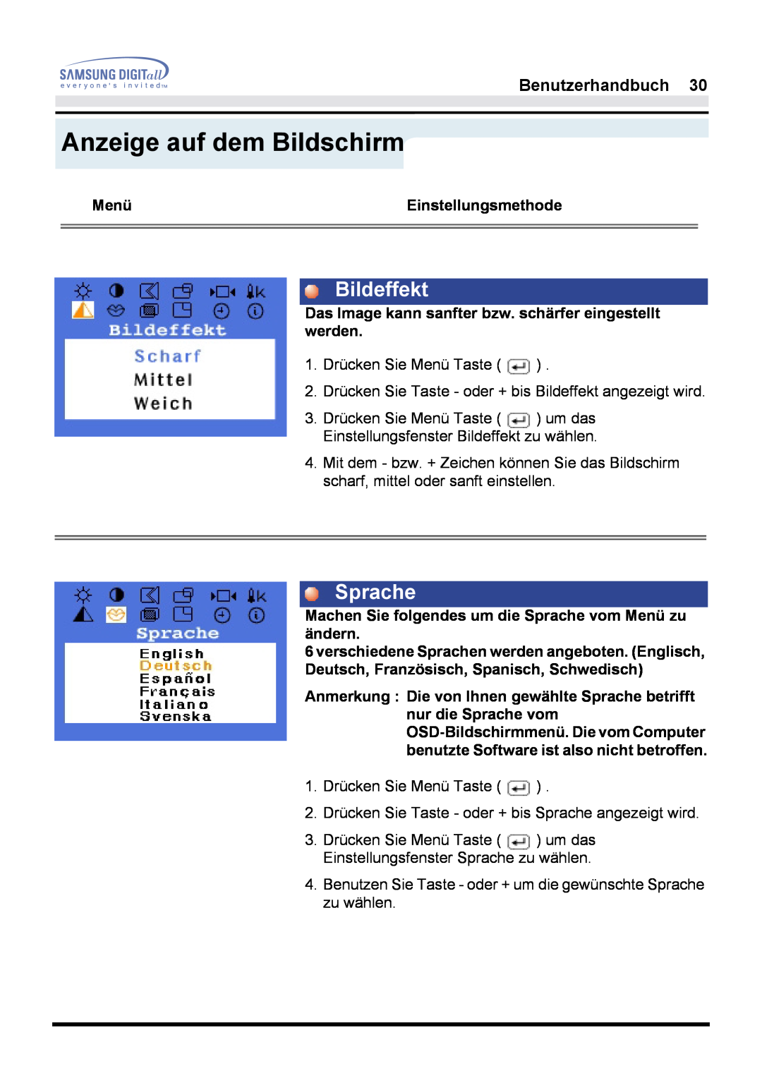 Samsung GH17HSSN/EDC, GH17ESSNZ/EDC, GH17LSASJ/EDC manual Bildeffekt, Sprache, Anzeige auf dem Bildschirm, Benutzerhandbuch 