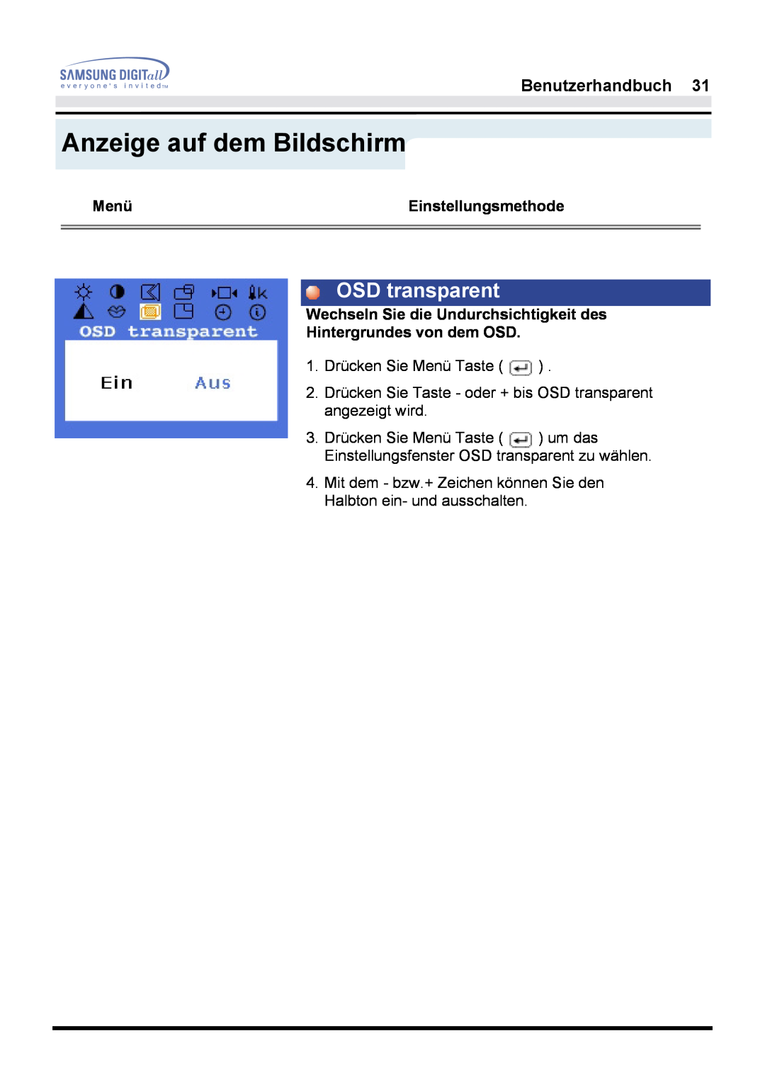 Samsung GH17ESSNZ/EDC, GH17HSSN/EDC, GH17LSASJ/EDC, GH17LSSS OSD transparent, Anzeige auf dem Bildschirm, Benutzerhandbuch 
