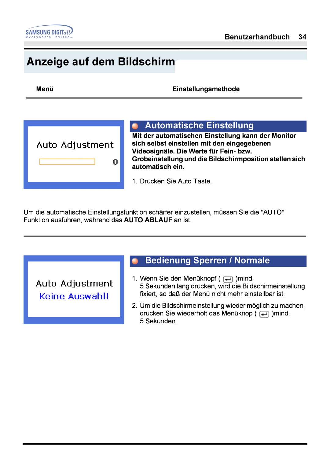 Samsung GH17LSSS manual Automatische Einstellung, Bedienung Sperren / Normale, Anzeige auf dem Bildschirm, Benutzerhandbuch 