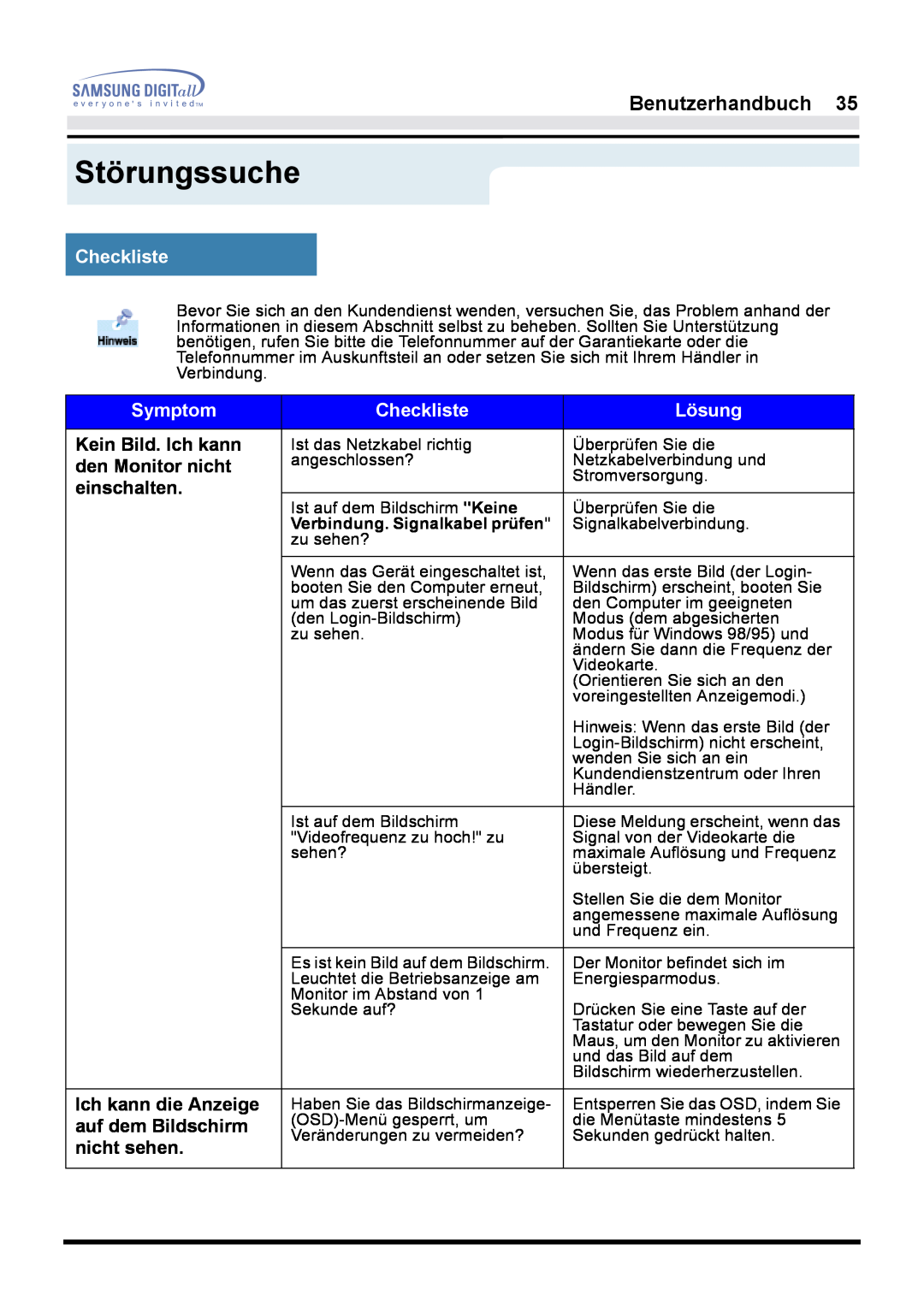 Samsung GH17LSSB/EDC manual Störungssuche, Checkliste, Symptom, Lösung, Benutzerhandbuch, Verbindung. Signalkabel prüfen 