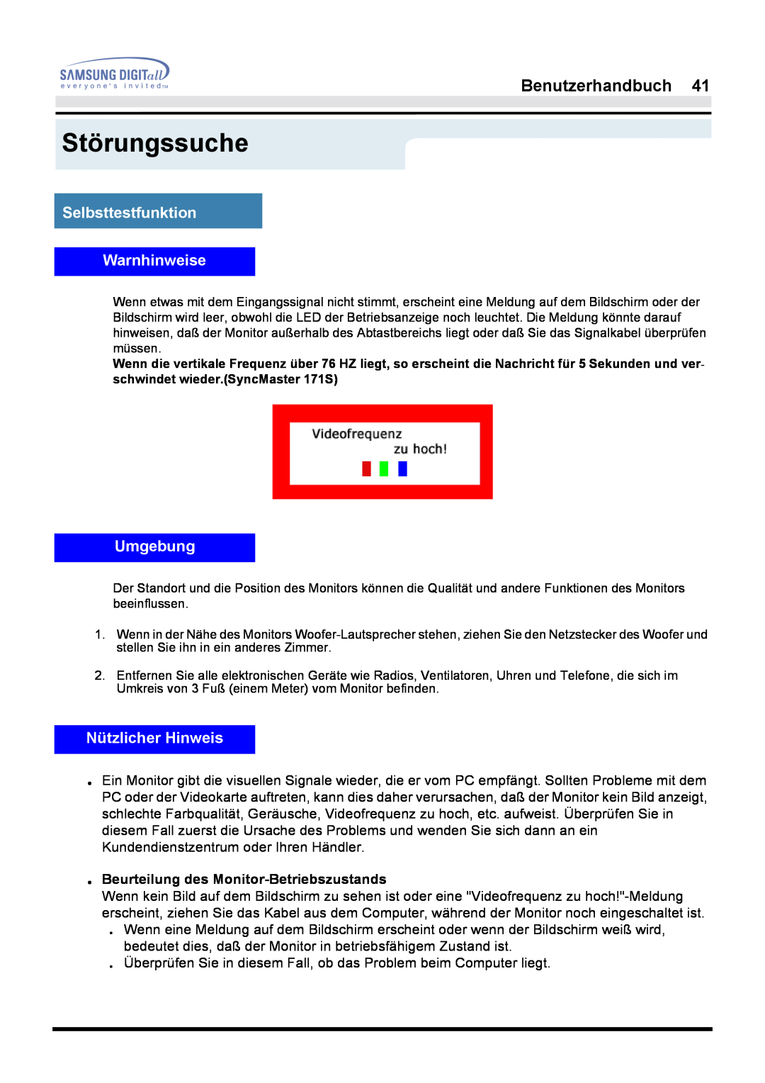 Samsung GH17LSAB/EDC manual Selbsttestfunktion Warnhinweise, Umgebung, Nützlicher Hinweis, Störungssuche, Benutzerhandbuch 