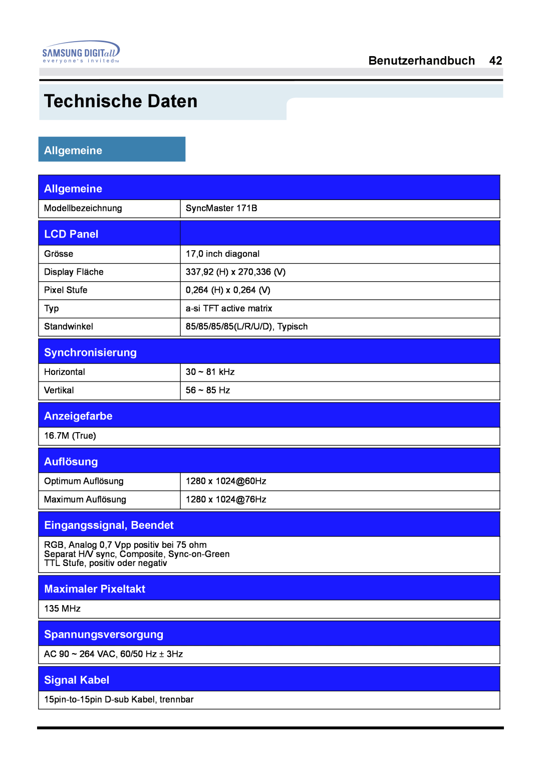 Samsung GH17LSSN/EDC manual Technische Daten, Allgemeine Allgemeine, LCD Panel, Synchronisierung, Anzeigefarbe, Auflösung 