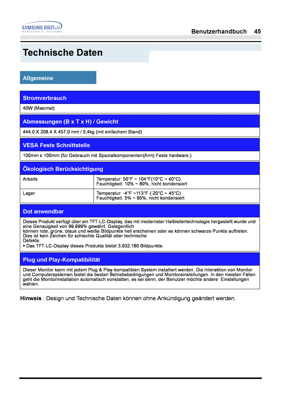 Samsung GH17HSSN/EDC manual Technische Daten, Benutzerhandbuch, Allgemeine Stromverbrauch, Abmessungen B x T x H / Gewicht 