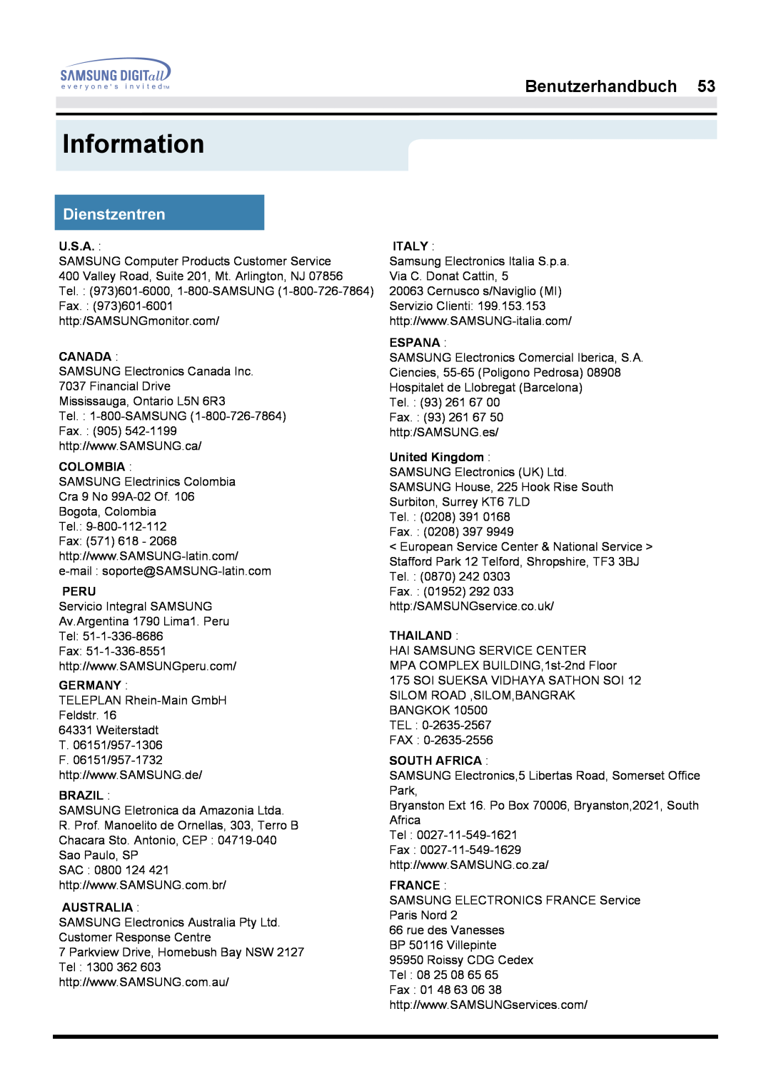 Samsung GH17LSSN Information, Dienstzentren, Benutzerhandbuch, U.S.A, Canada, Colombia, Peru, Germany, Brazil, Australia 