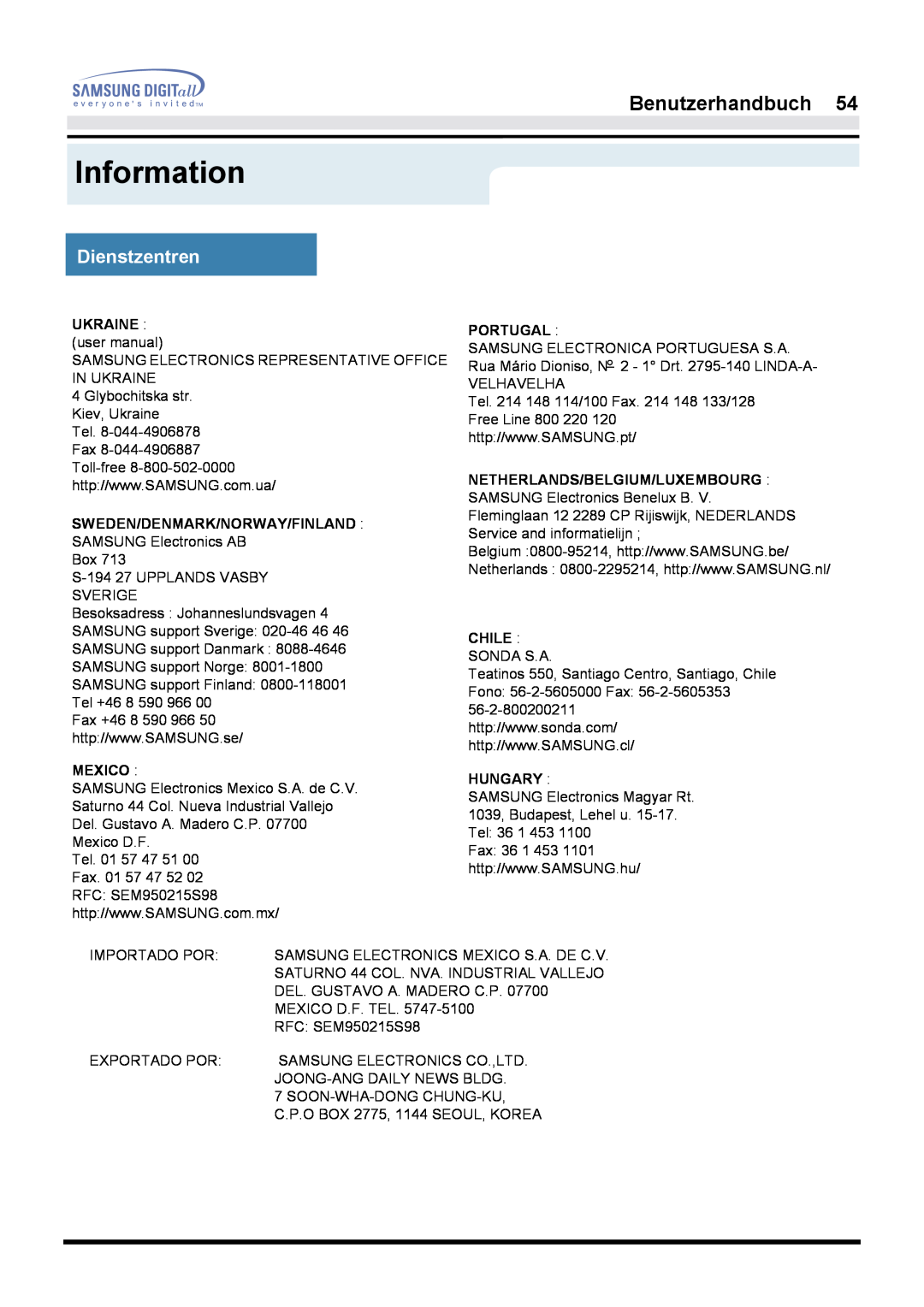 Samsung GH17LSAN/EDC manual Information, Benutzerhandbuch, Dienstzentren, Sweden/Denmark/Norway/Finland, Mexico, Portugal 