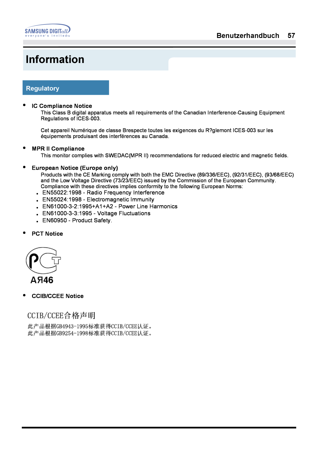 Samsung GH17LSSN/EDC, GH17HSSN/EDC manual Information, Benutzerhandbuch, Regulatory, IC Compliance Notice, MPR II Compliance 