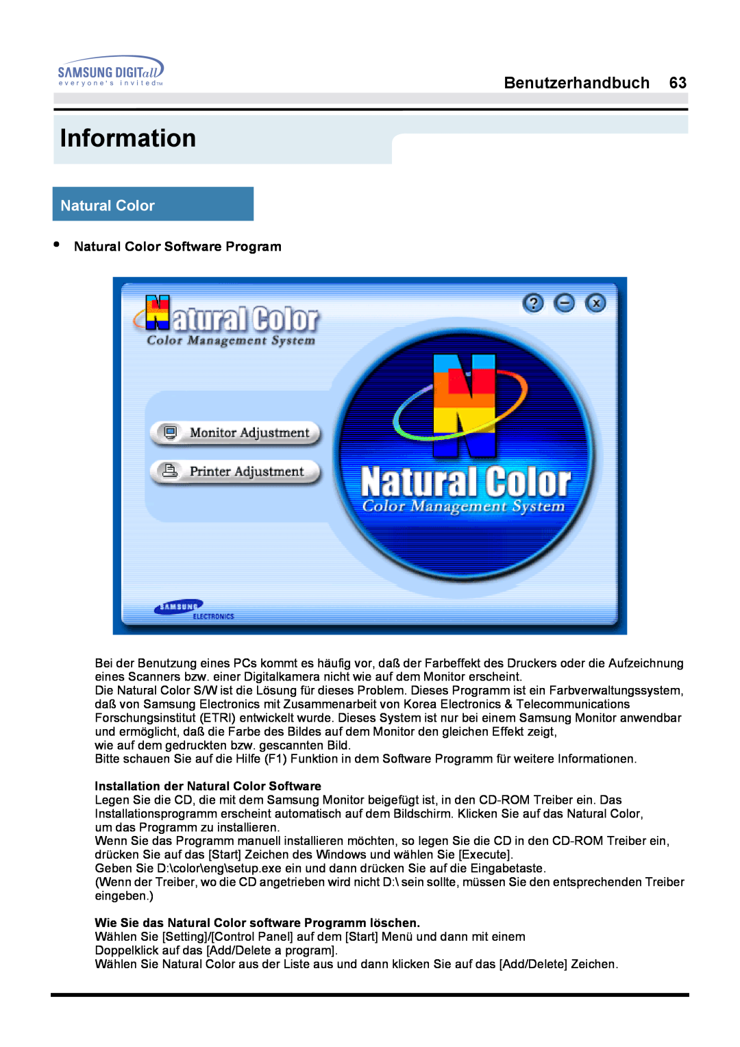 Samsung GH17LSAS/EDC, GH17HSSN/EDC, GH17ESSNZ/EDC manual Information, Benutzerhandbuch, Natural Color Software Program 