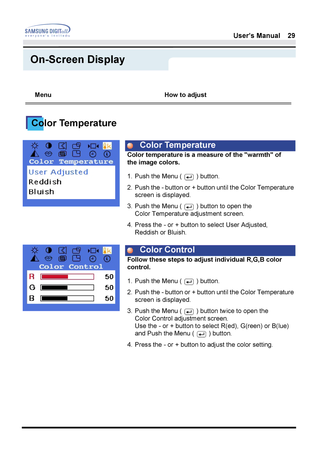 Samsung GH17HSSN/EDC manual Color Temperature, Color Control, Follow these steps to adjust individual R,G,B color control 