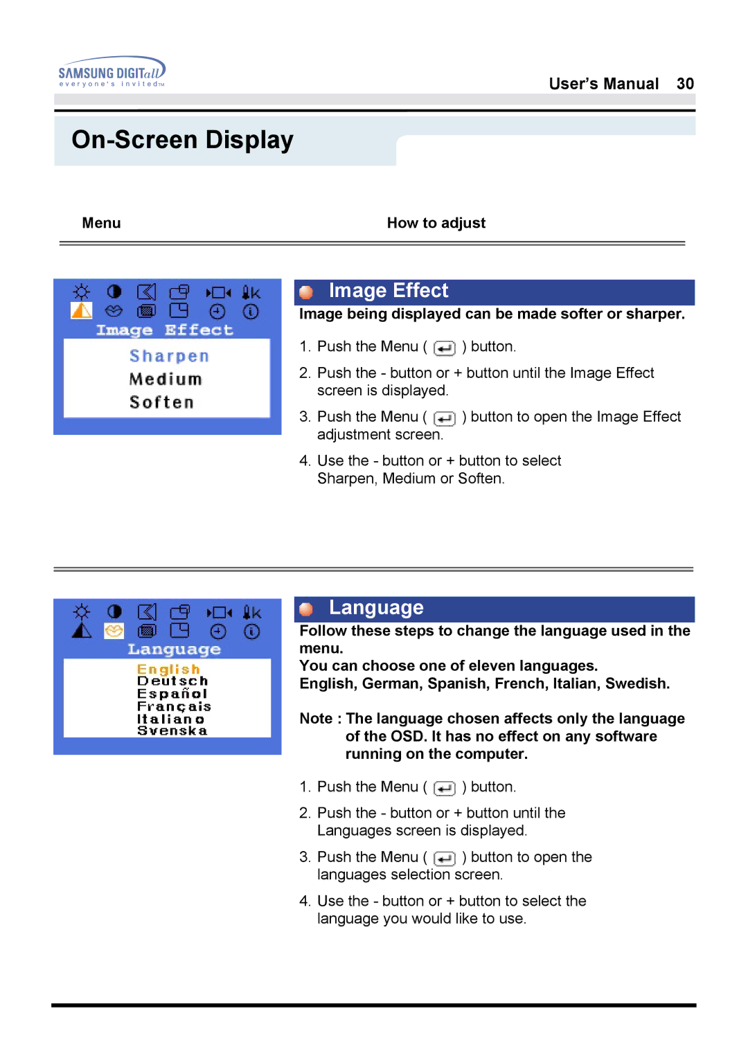 Samsung GH17LSSN/XSJ, GH17HSSN/EDC, GH17LSSS Image Effect, Language, Image being displayed can be made softer or sharper 