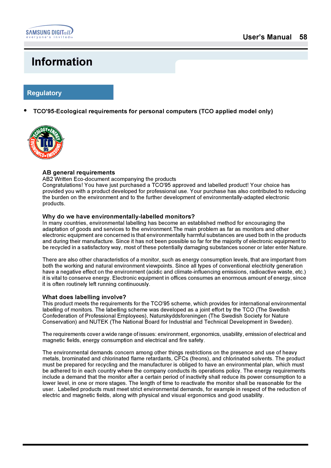 Samsung GH17HSSN/EDC, GH17LSSN/XSJ manual Why do we have environmentally-labelled monitors?, What does labelling involve? 