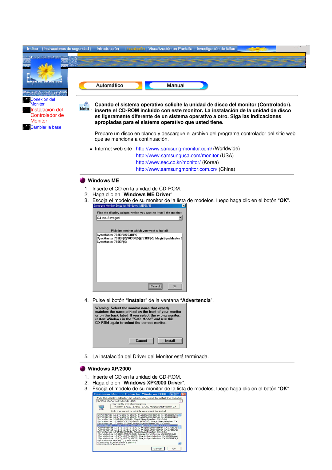 Samsung GH17LSAB/EDC manual Instalación del Controlador de Monitor, Haga clic en Windows ME Driver, Windows XP/2000 