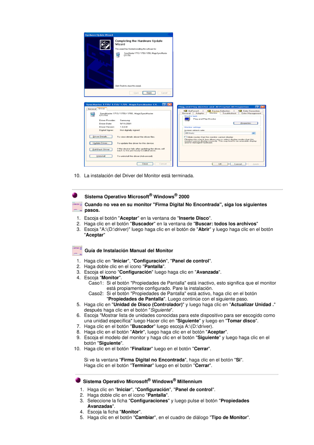 Samsung GH17HSSN/EDC, GH19AWBN/EDC, GH17ESSNZ/EDC, GH17LSAS/EDC manual La instalación del Driver del Monitor está terminada 