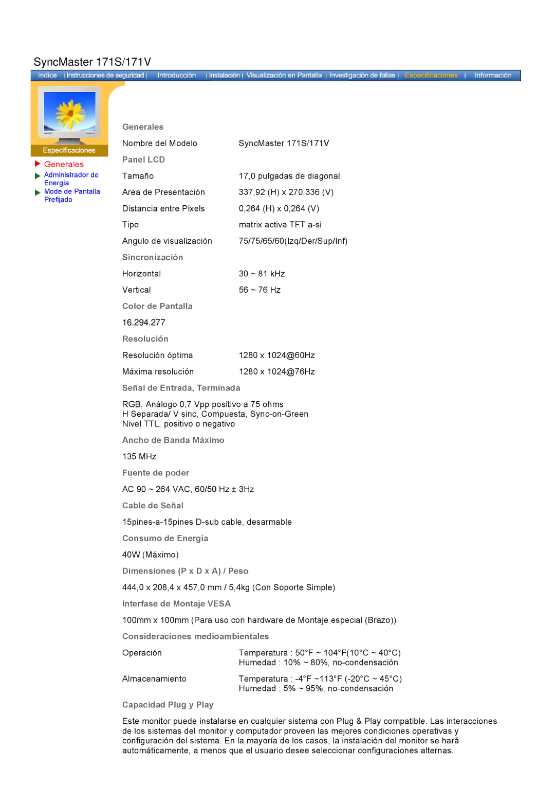 Samsung GH17LSANJ/EDC, GH17HSSN/EDC, GH19AWBN/EDC, GH17ESSNZ/EDC, GH17LSAS/EDC manual Nombre del Modelo SyncMaster 171S/171V 