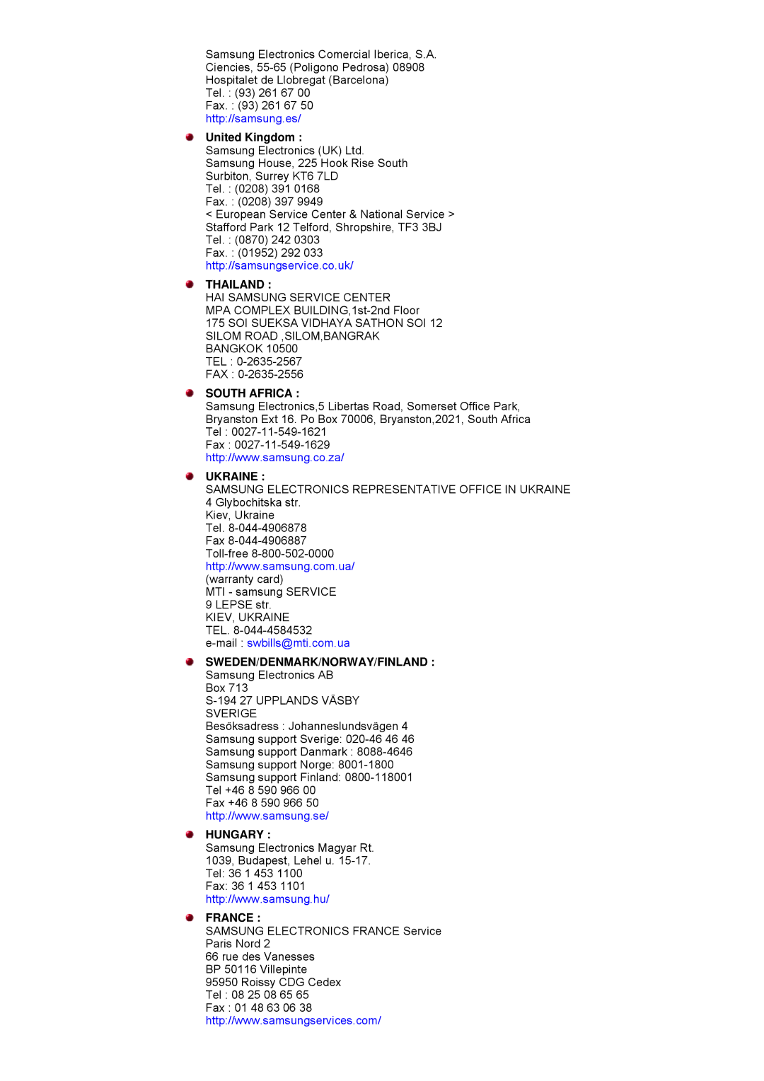 Samsung GH17HSSN/EDC, GH19AWBN/EDC, GH19BSAN/EDC, GH17ESSNZ/EDC, GH17LSASJ/EDC, GH17LSAS/EDC manual United Kingdom, Thailand 