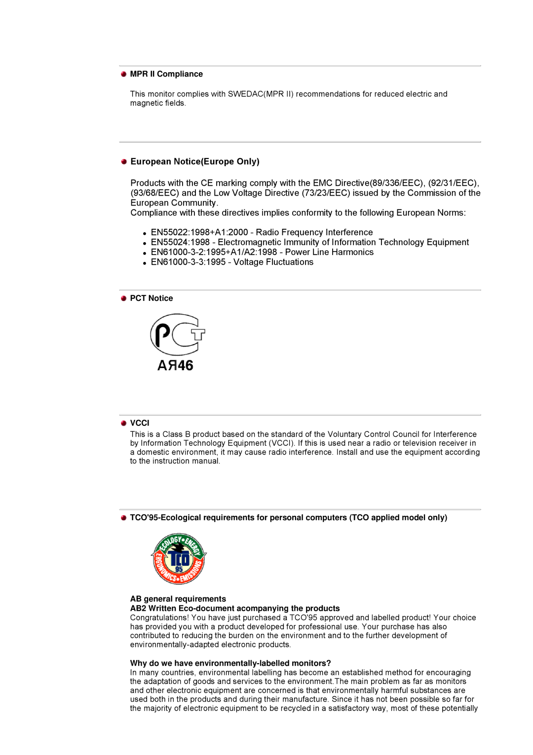 Samsung GH17LSASJ/EDC, GH17HSSN/EDC manual MPR II Compliance, PCT Notice, Why do we have environmentally-labelled monitors? 