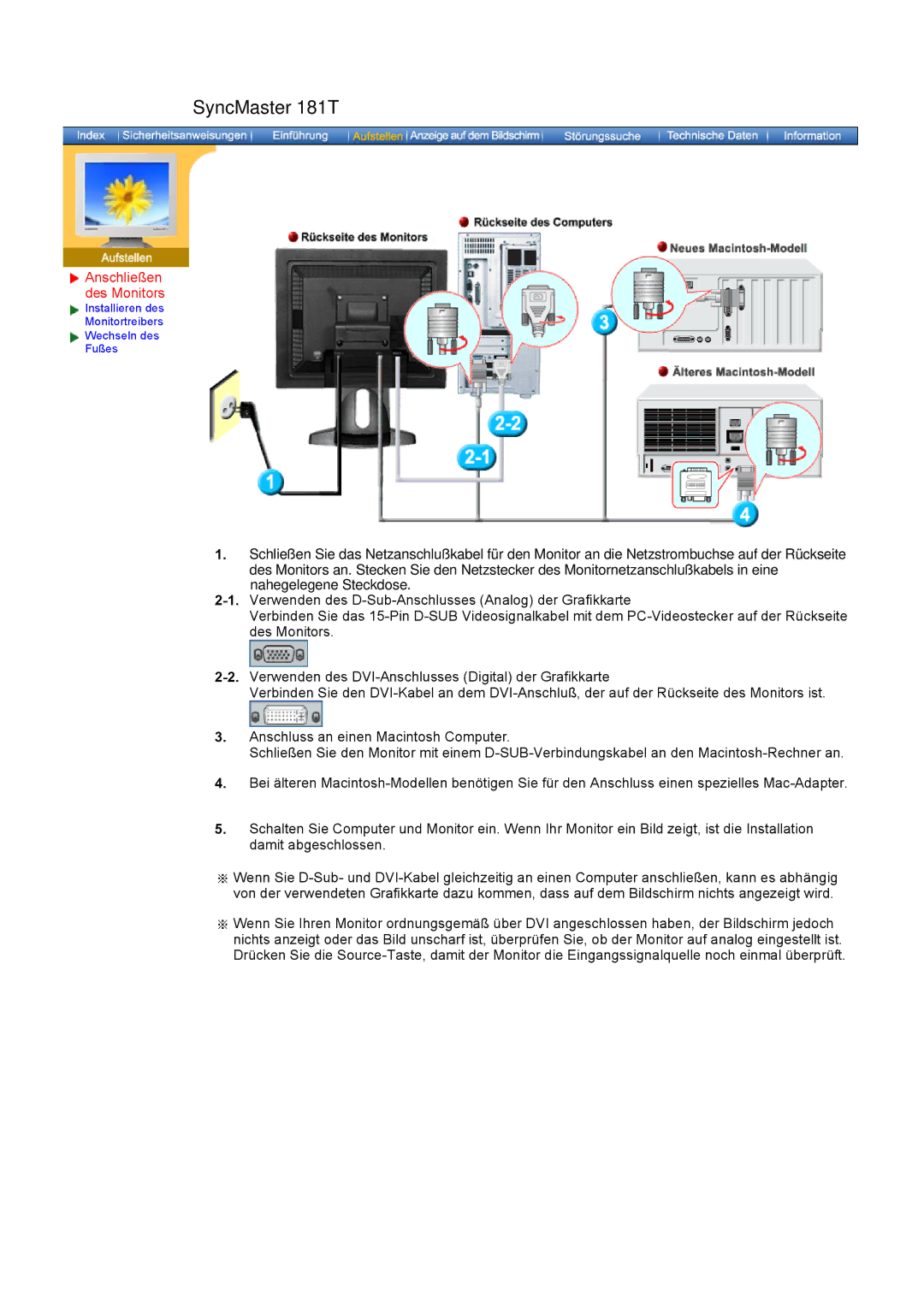 Samsung GH17ASPS/EDC, GH17HSSN/EDC, GH19PSAS/XTP, GH19AWBN/EDC, GH19BSAN/EDC manual SyncMaster 181T, Anschließen des Monitors 