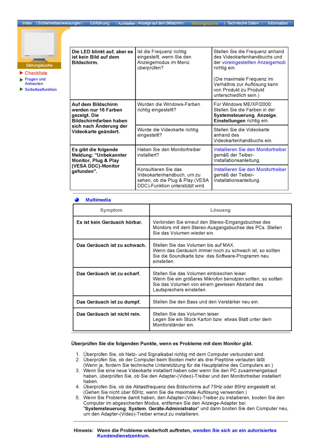 Samsung GH19PSAS, GH17HSSN/EDC manual Es ist kein Geräusch hörbar, Das Geräusch ist zu schwach, Das Geräusch ist zu scharf 