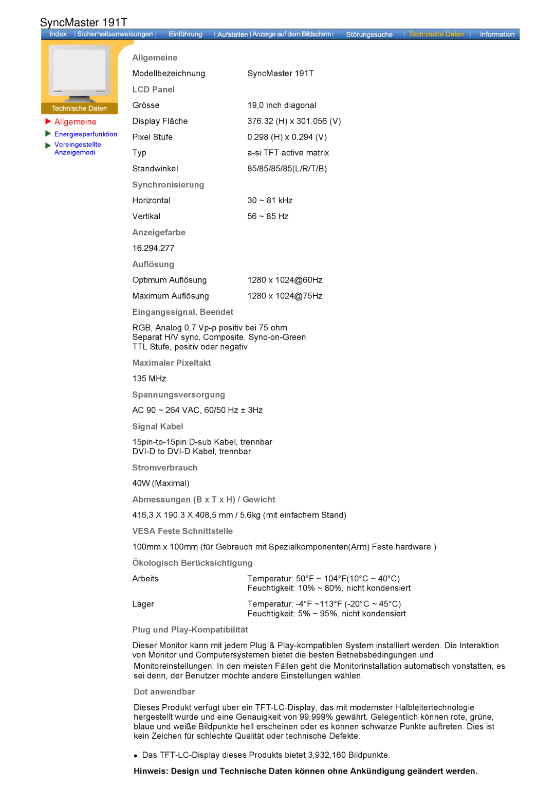 Samsung GH17ASPS/EDC, GH17HSSN/EDC, GH19PSAS/XTP, GH19AWBN/EDC, GH19BSAN/EDC, GH17ESSNZ/EDC Modellbezeichnung SyncMaster 191T 