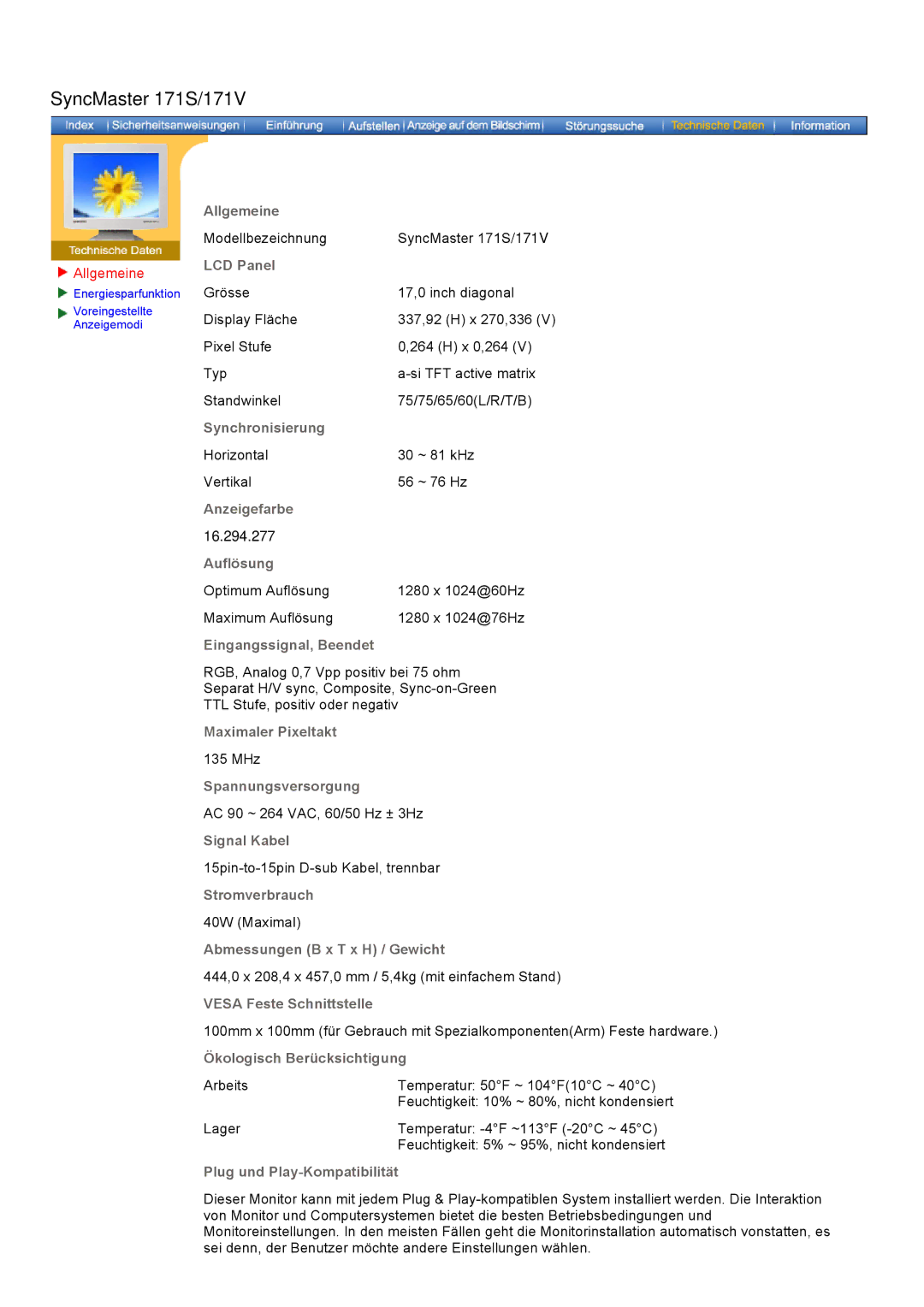 Samsung GH19BSAS/EDC, GH17HSSN/EDC, GH19PSAS/XTP, GH19AWBN/EDC, GH19BSAN/EDC, GH17LSSS Modellbezeichnung SyncMaster 171S/171V 