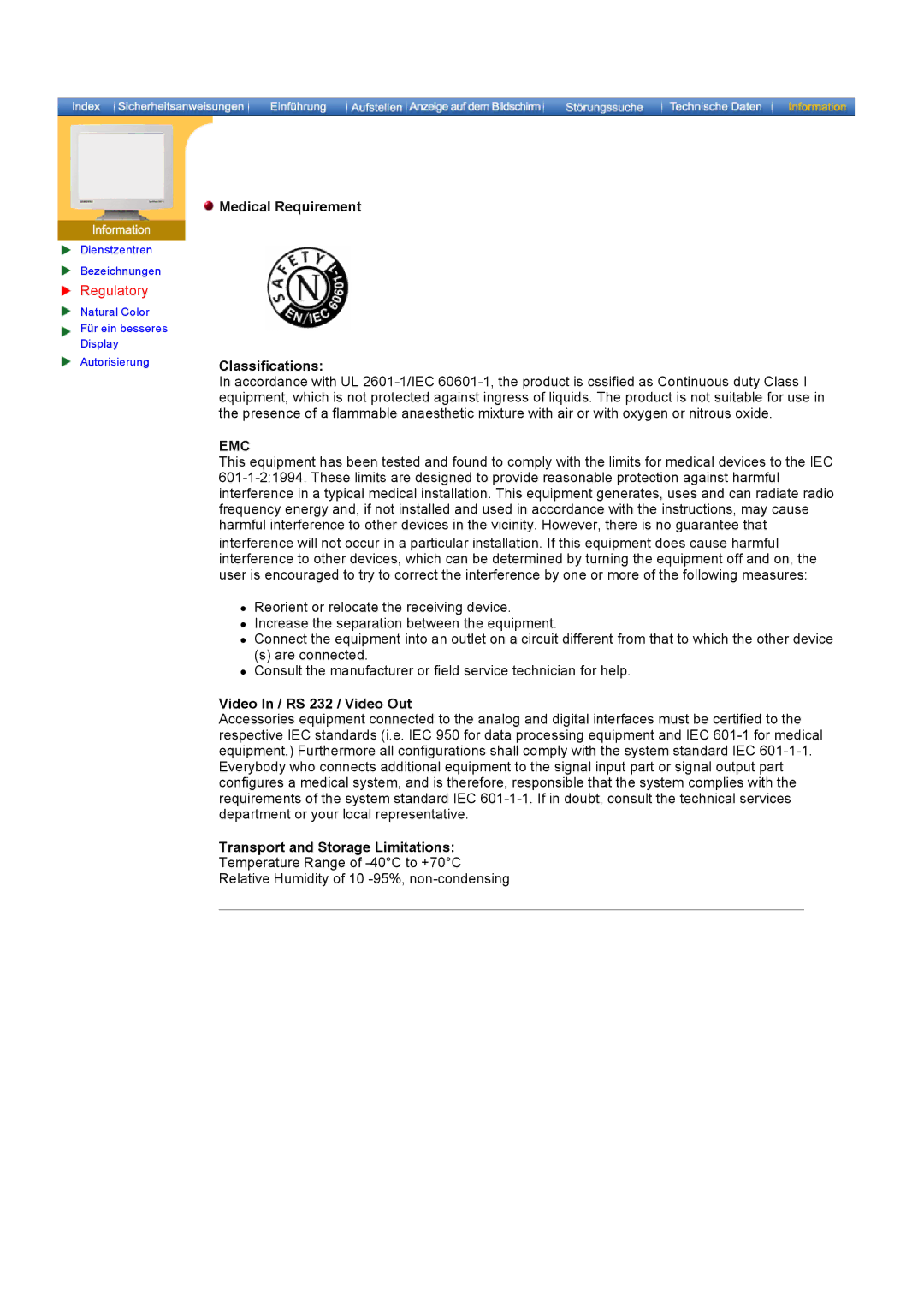 Samsung GH19PSAS Medical Requirement Classifications, Video In / RS 232 / Video Out, Transport and Storage Limitations 