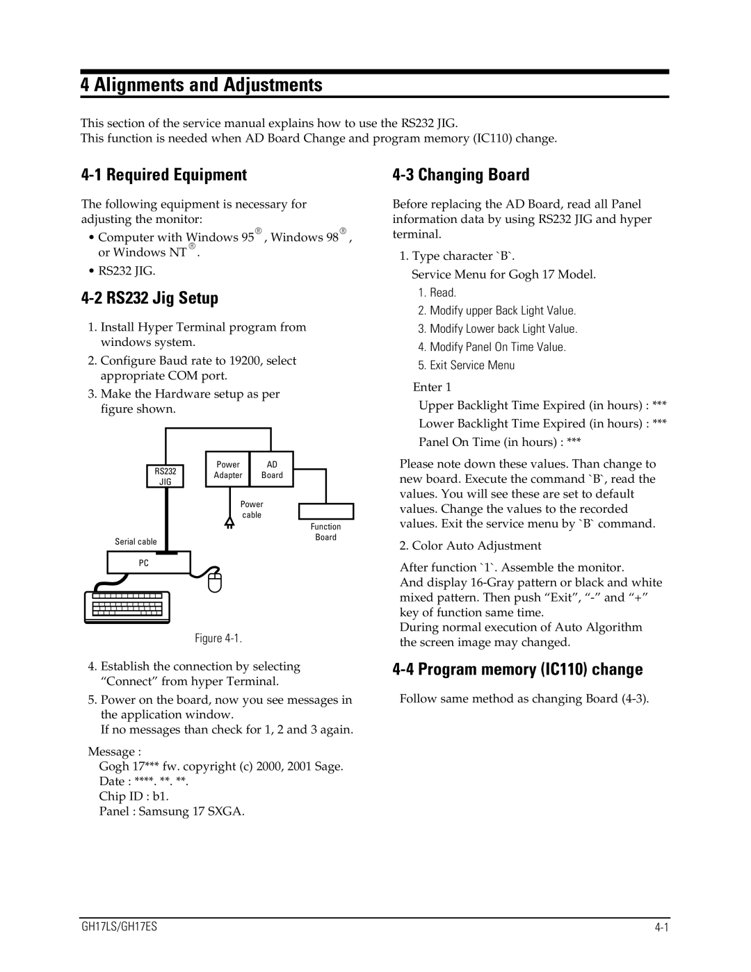 Samsung GH17LS specifications Alignments and Adjustments, Required Equipment, RS232 Jig Setup, Changing Board 