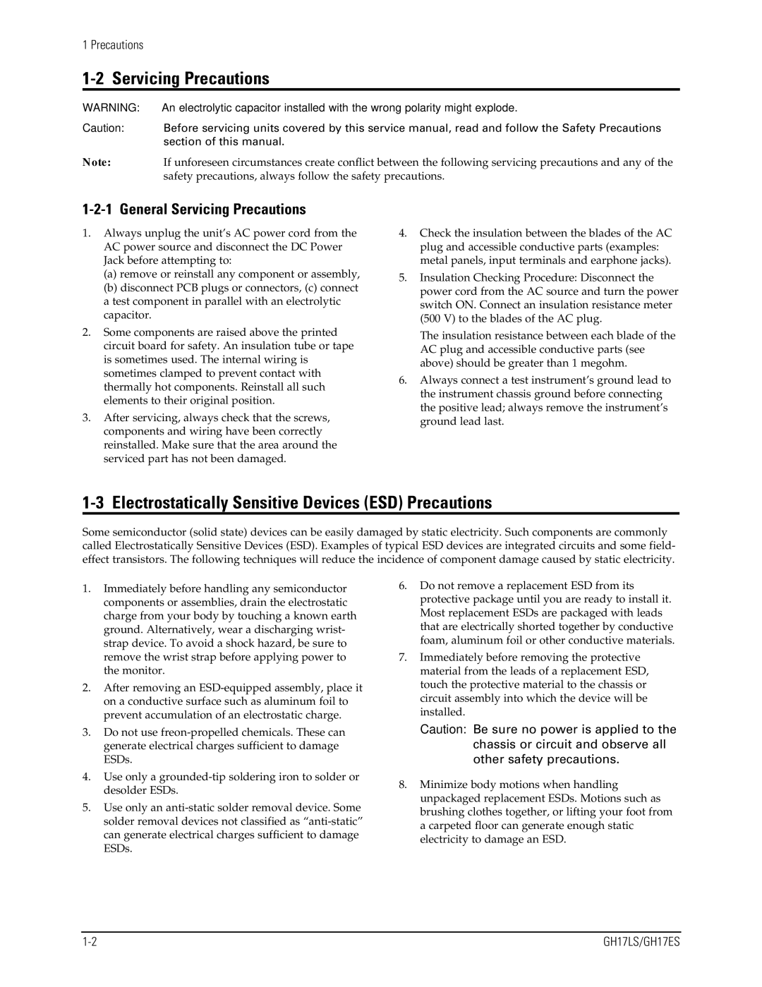 Samsung GH17LS specifications Servicing Precautions, Electrostatically Sensitive Devices ESD Precautions 