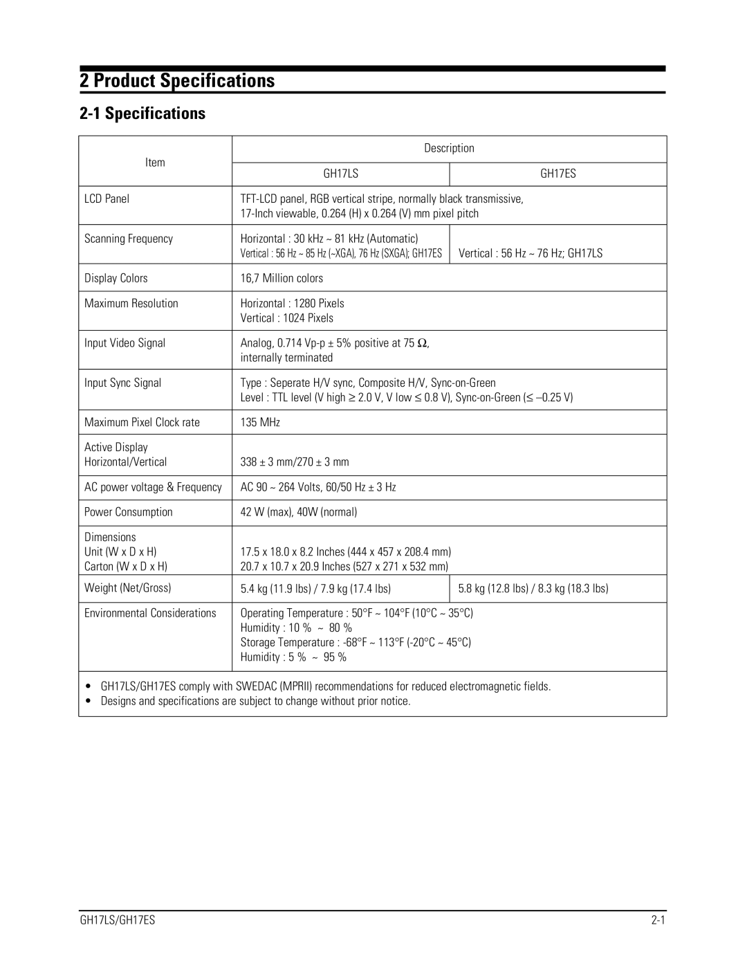 Samsung GH17LS specifications Product Specifications 