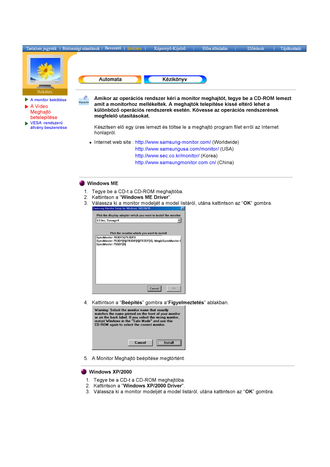 Samsung GH17LSAN/EDC, GH17LSAS/EDC manual Video Meghajtó betelepitése, Kattintson a Windows ME Driver, Windows XP/2000 