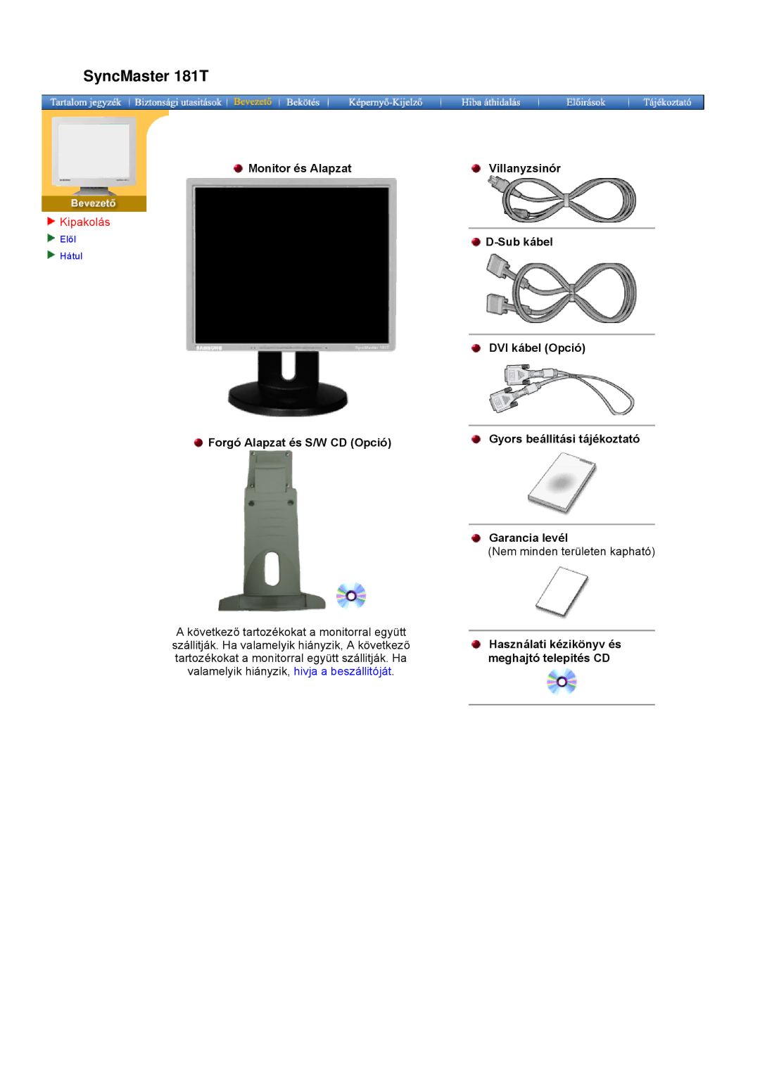 Samsung GH19PSAB/EDC, GH17LSAS/EDC SyncMaster 181T, Monitor és Alapzat Villanyzsinór, Sub kábel, Használati kézikönyv és 