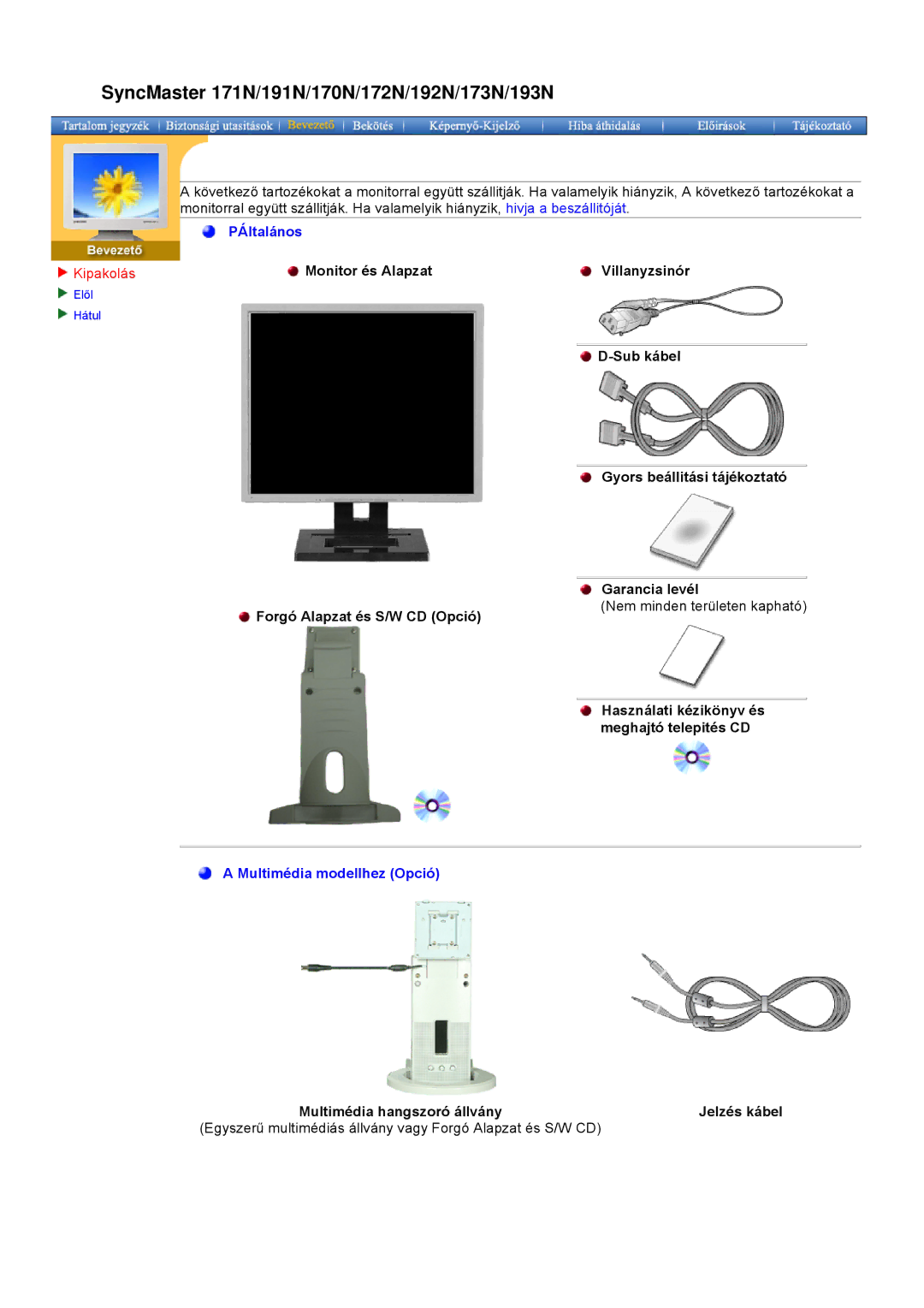 Samsung GH17LSSN/EDC manual SyncMaster 171N/191N/170N/172N/192N/173N/193N, Multimédia hangszoró állvány Jelzés kábel 