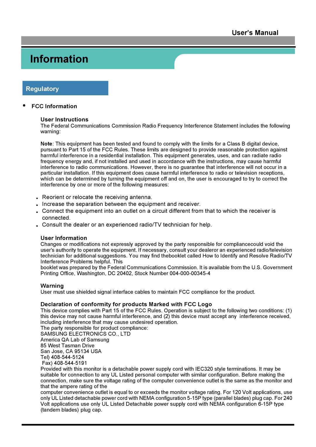 Samsung GH15LUSN/XSJ, GH17LUSN/XSJ manual Regulatory, FCC Information User Instructions, User Information 