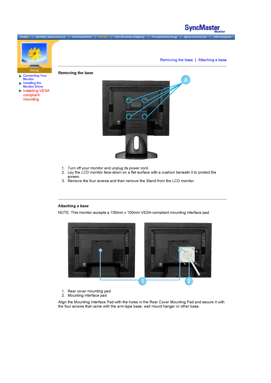 Samsung GH18PSAN/EDC, GH18PSAB/XSJ, GH18PSSS/EDC Removing the base, Installing Vesa compliant mounting, Attaching a base 