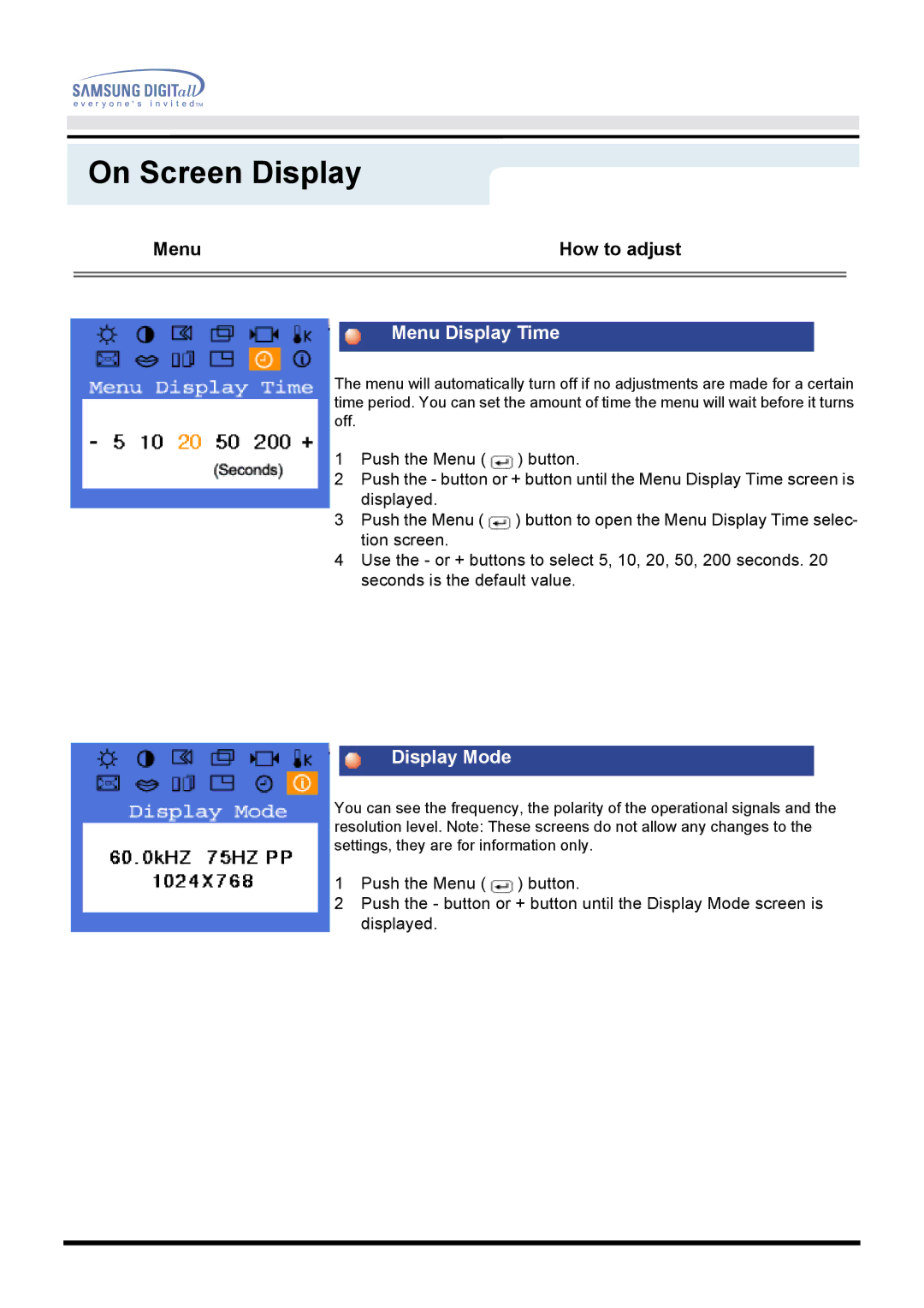 Samsung GH18PSAS/EDC, GH18PSAN/EDC, GH18PSAB/XSJ, GH18PSSS/EDC, GH18PSSB/EDC, GH18PSAS/ILC Menu Display Time, Display Mode 