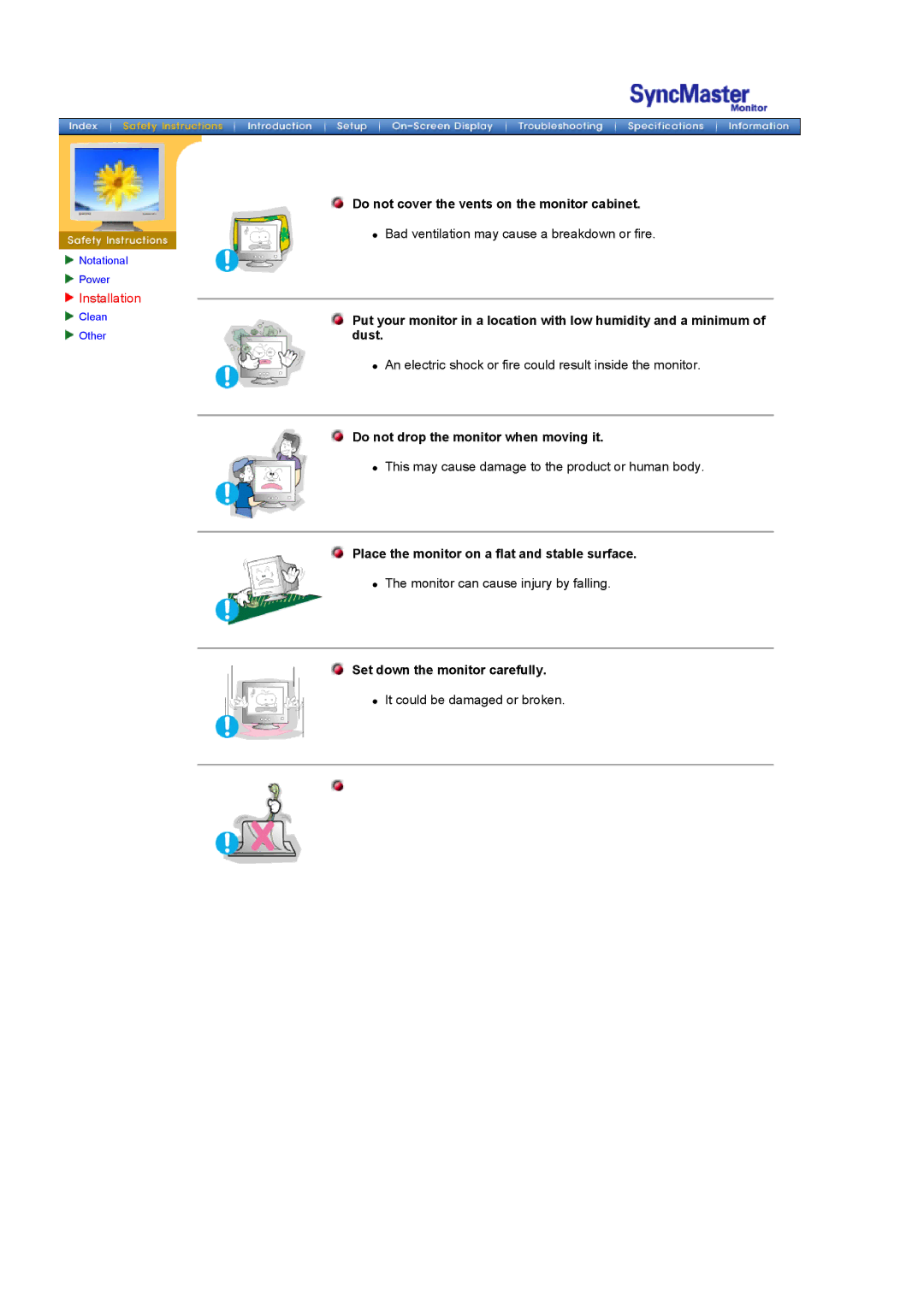 Samsung GH18PSAS Installation, Do not drop the monitor when moving it, Place the monitor on a flat and stable surface 