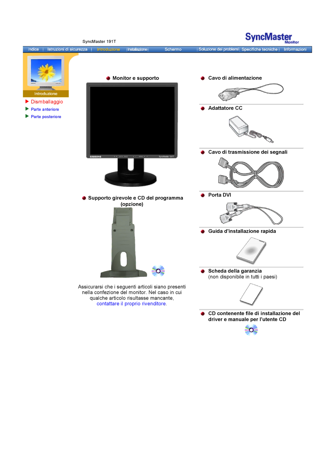 Samsung GH18PSAS/EDC manual Monitor e supporto, Supporto girevole e CD del programma Opzione 