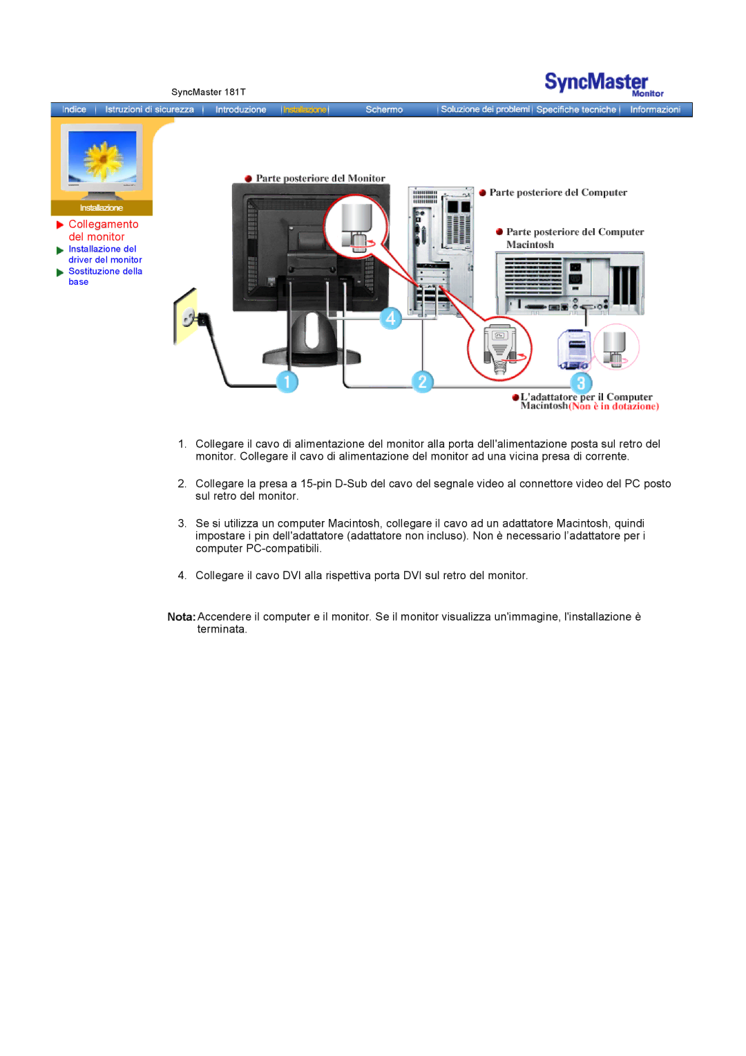 Samsung GH18PSAS/EDC manual Collegamento del monitor 