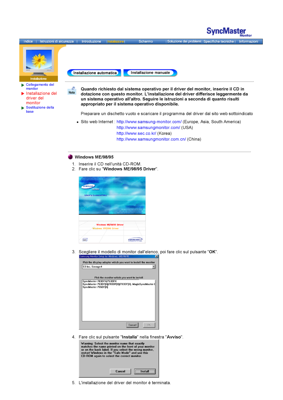 Samsung GH18PSAS/EDC manual Installazione del driver del monitor, Fare clic su Windows ME/98/95 Driver 
