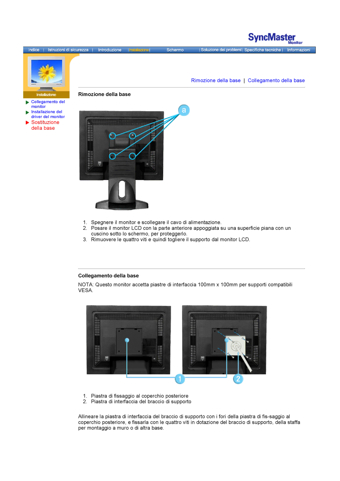 Samsung GH18PSAS/EDC manual Rimozione della base, Sostituzione della base, Collegamento della base 