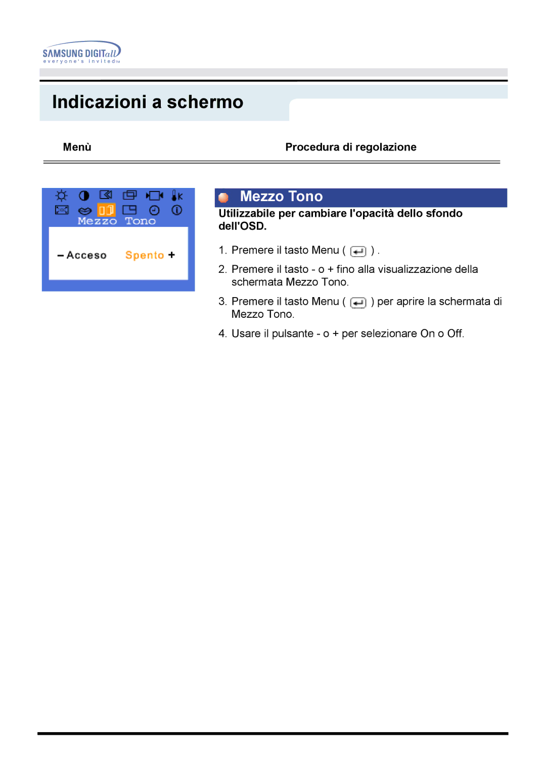 Samsung GH18PSAS/EDC manual Mezzo Tono, Utilizzabile per cambiare lopacità dello sfondo dellOSD 