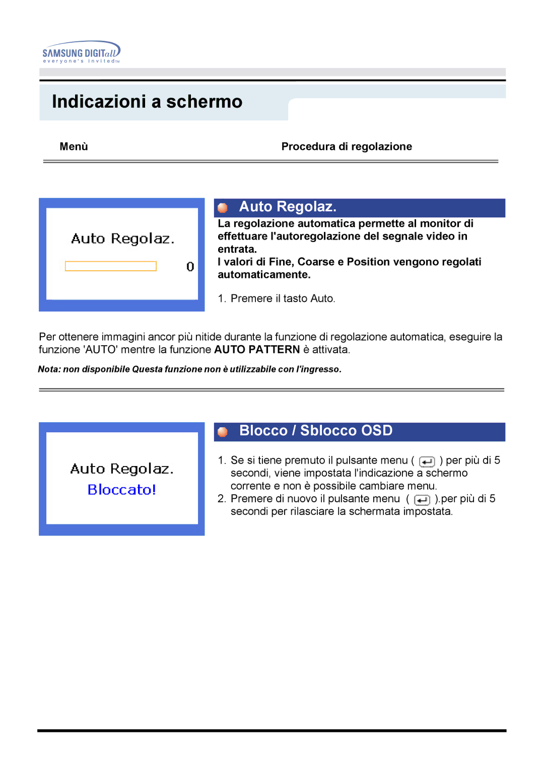 Samsung GH18PSAS/EDC manual Auto Regolaz, Blocco / Sblocco OSD 