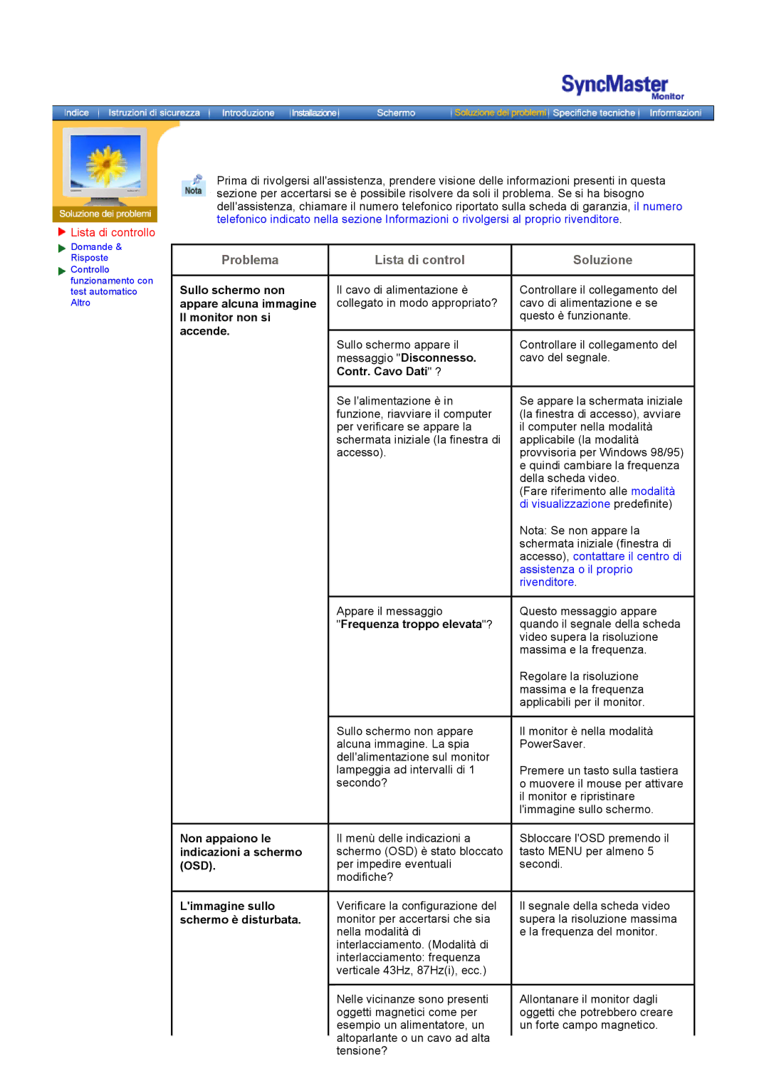 Samsung GH18PSAS/EDC manual Lista di controllo, Messaggio Disconnesso. Contr. Cavo Dati ?, Frequenza troppo elevata? 