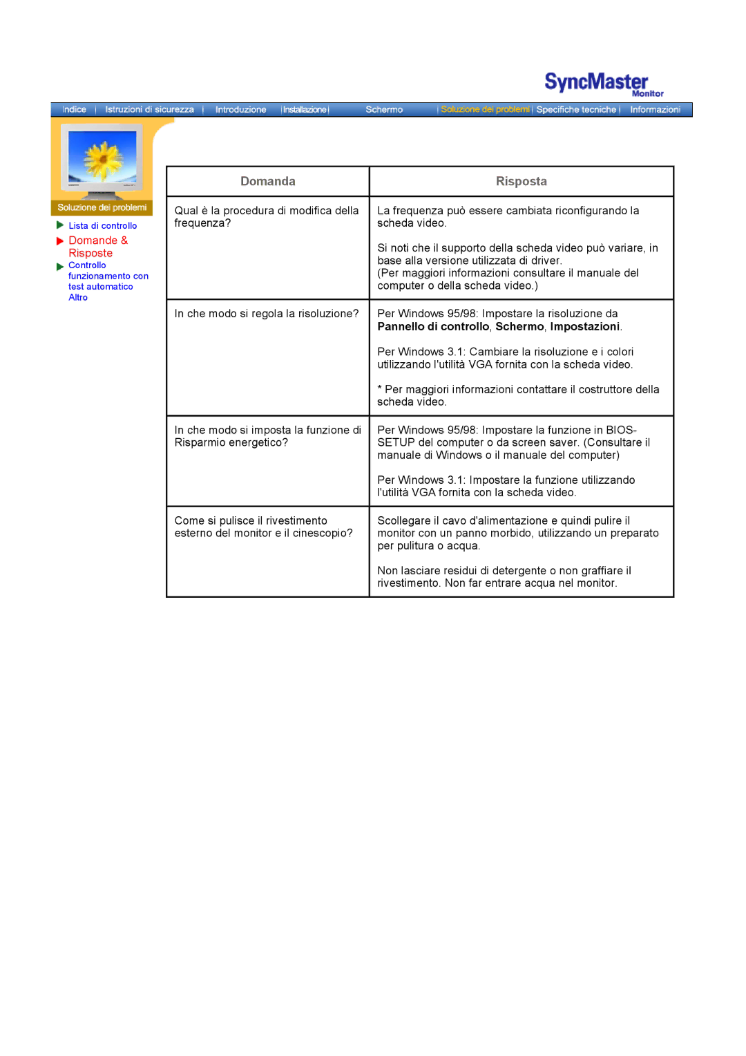 Samsung GH18PSAS/EDC manual Domande Risposte, Pannello di controllo, Schermo, Impostazioni 